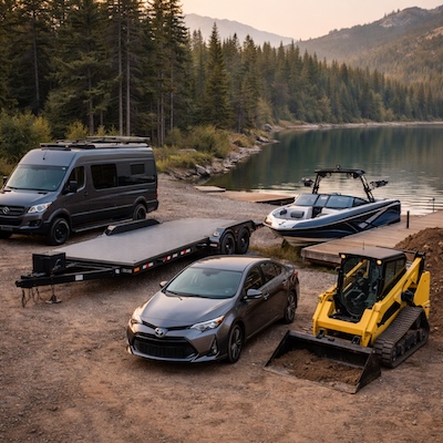 Vehicle rental fleet beside water.